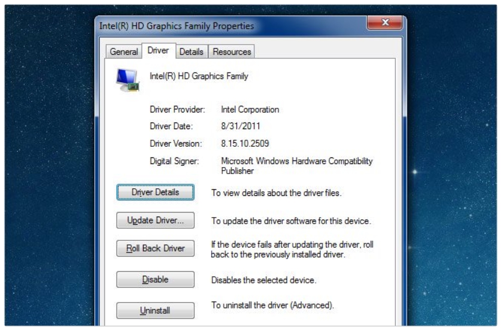 Update your graphics driver. Hardware Driver. Graphics Family Driver. Intel Graphics Family. Microsoft Windows Hardware Compatibility Publisher.